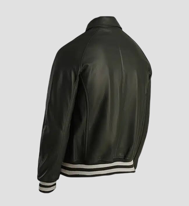 Men Army Green Premium Leather Varsity Jacket