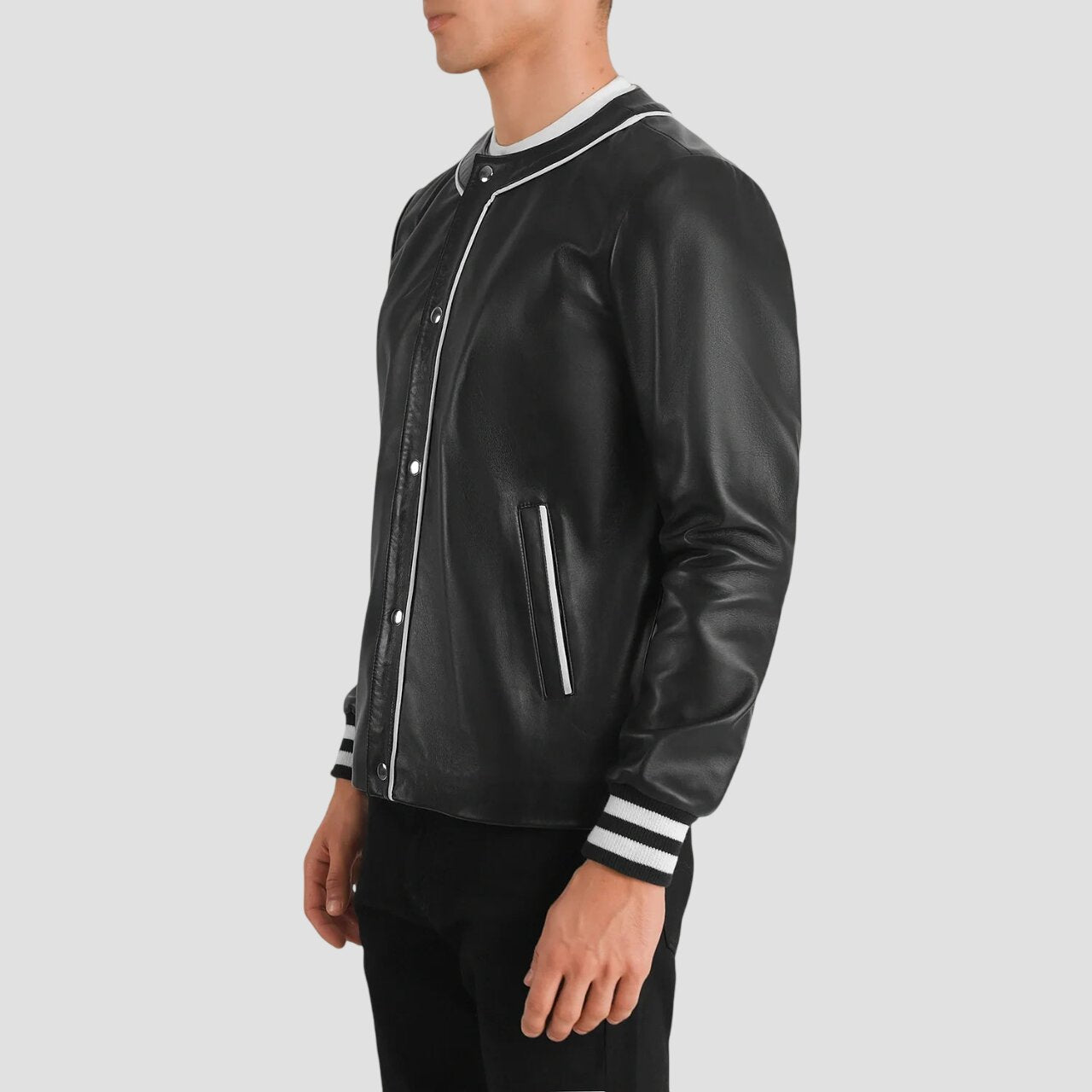 Men Black Genuine Leather Varsity Jacket with White Piping