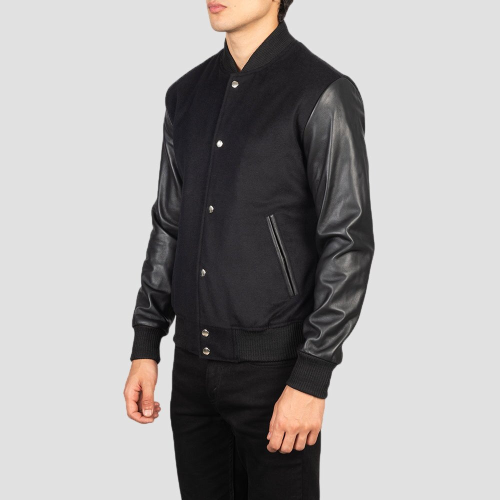Men Black Premium Hybrid Wool and Leather Varsity Jacket
