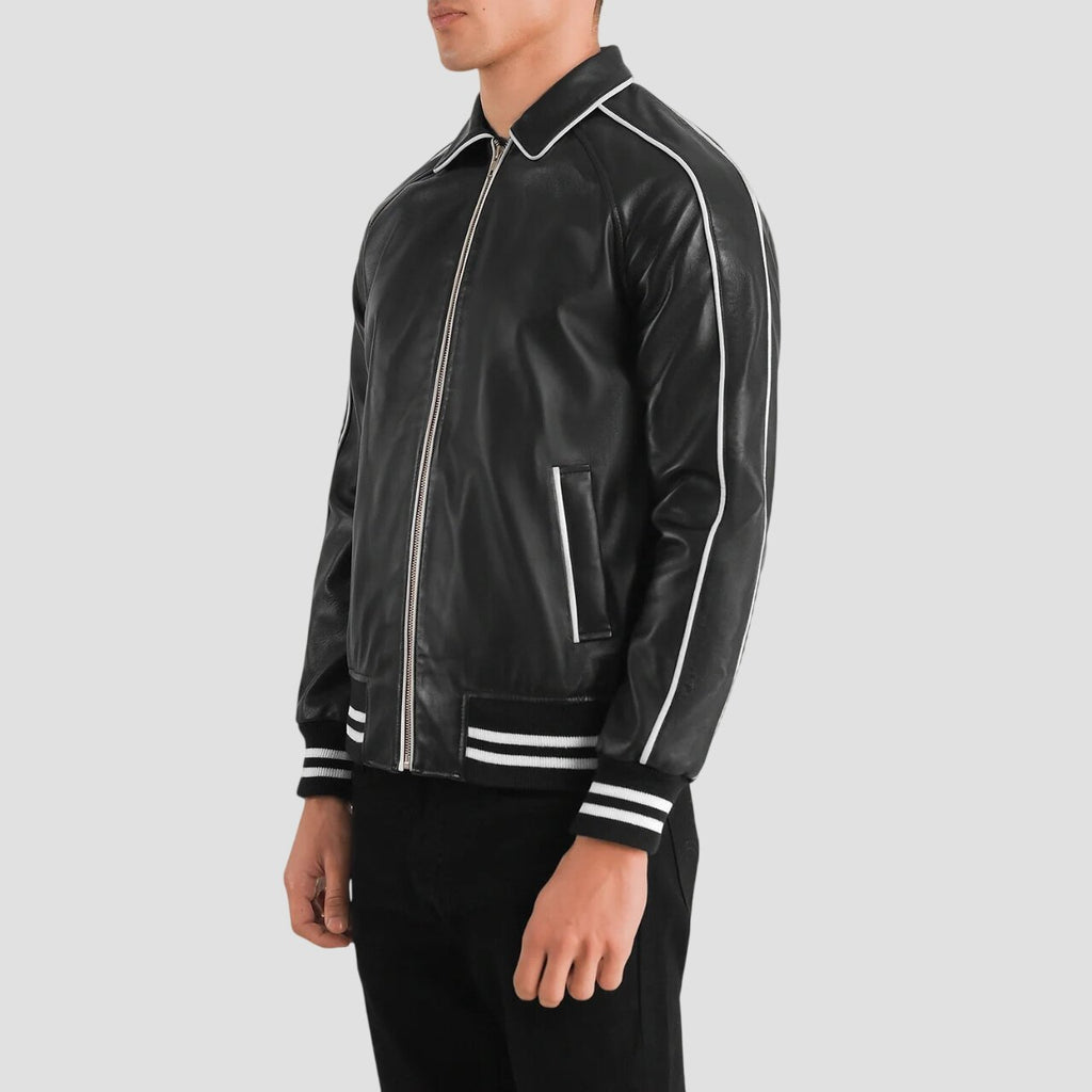 Men Black Real Leather Varsity Jacket