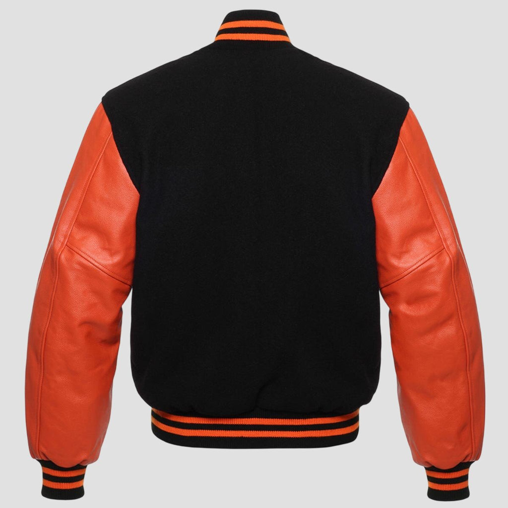 Men Black Wool and Orange Leather Varsity Jacket