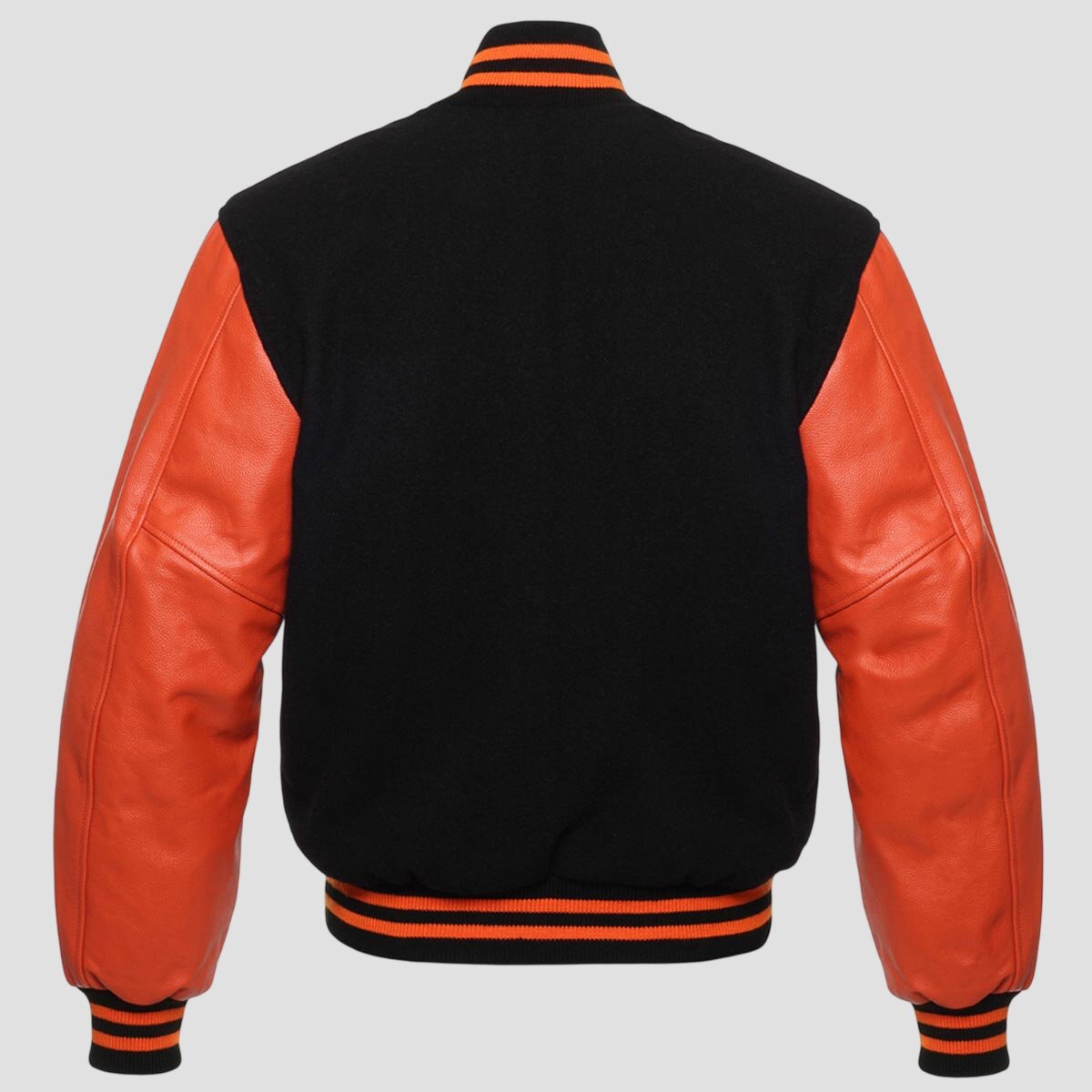 Men Black Wool and Orange Leather Varsity Jacket