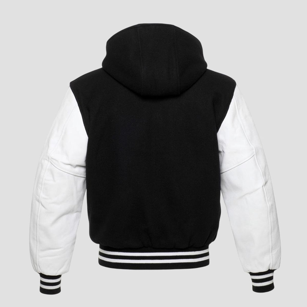 Men Black Wool and White Leather Hooded Varsity Jacket