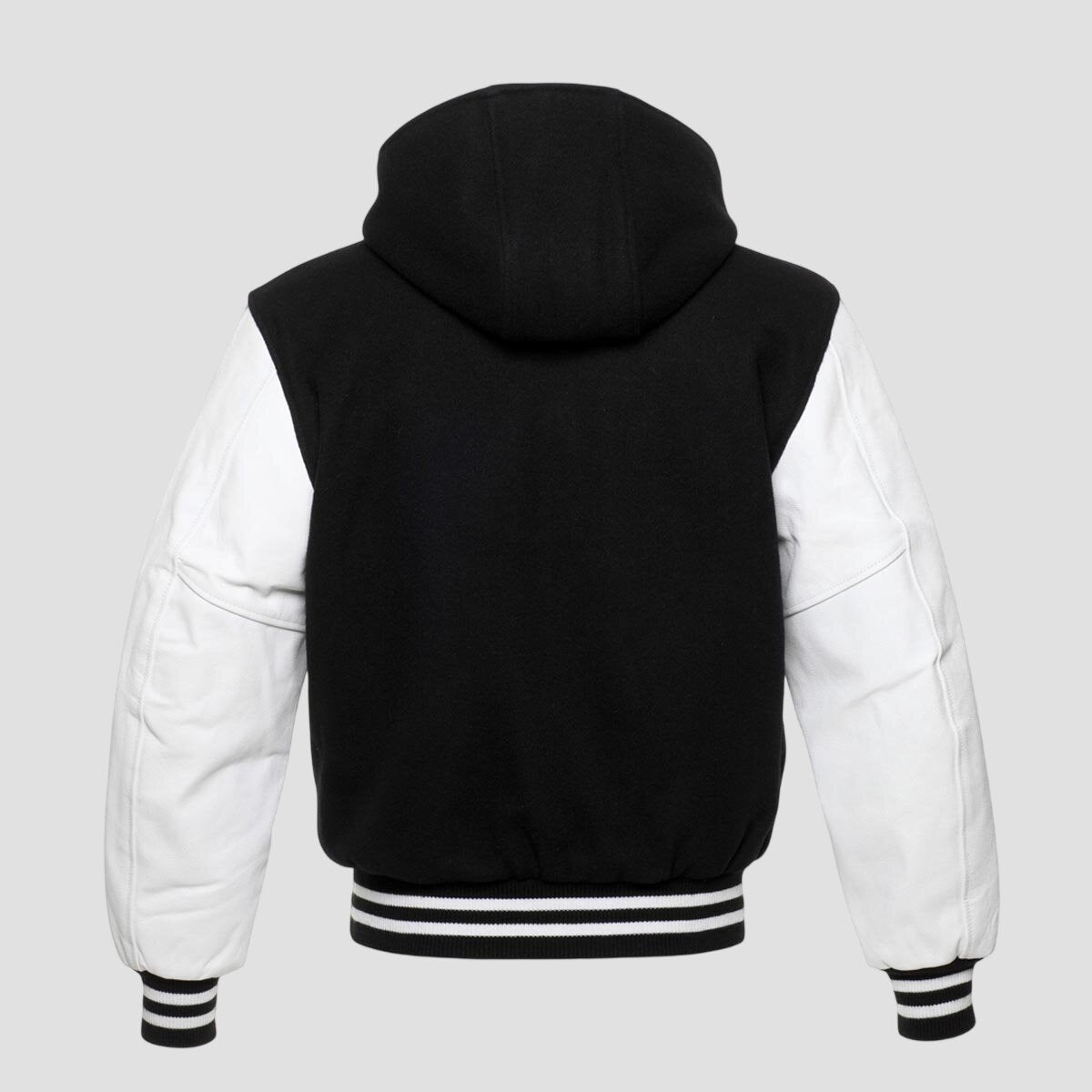 Men Black Wool and White Leather Hooded Varsity Jacket