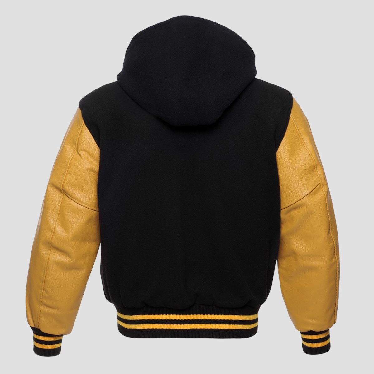 Men Black Wool and Yellow Leather Hooded Varsity Jacket