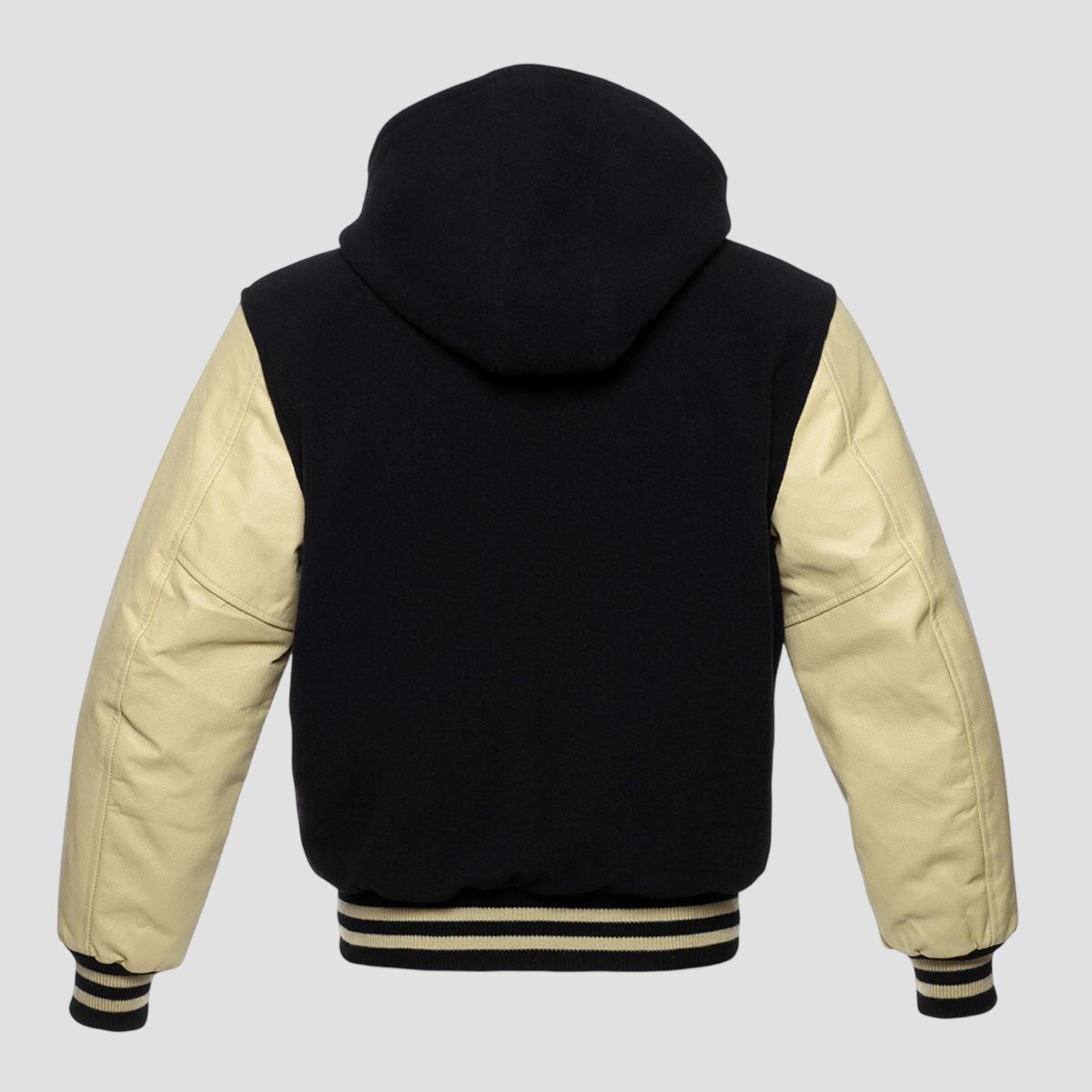 Men Black and Beige Hooded Baseball Varsity Jacket