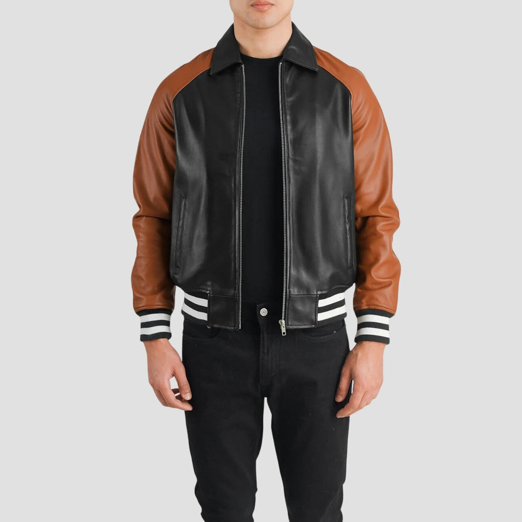 Men Black and Brown Leather Varsity Jacket