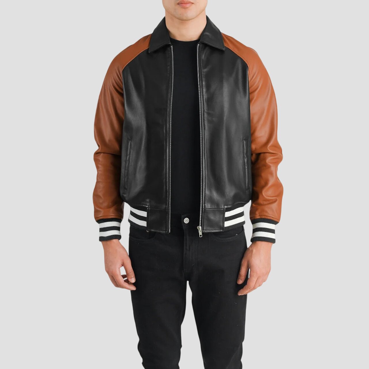 Men Black and Brown Leather Varsity Jacket