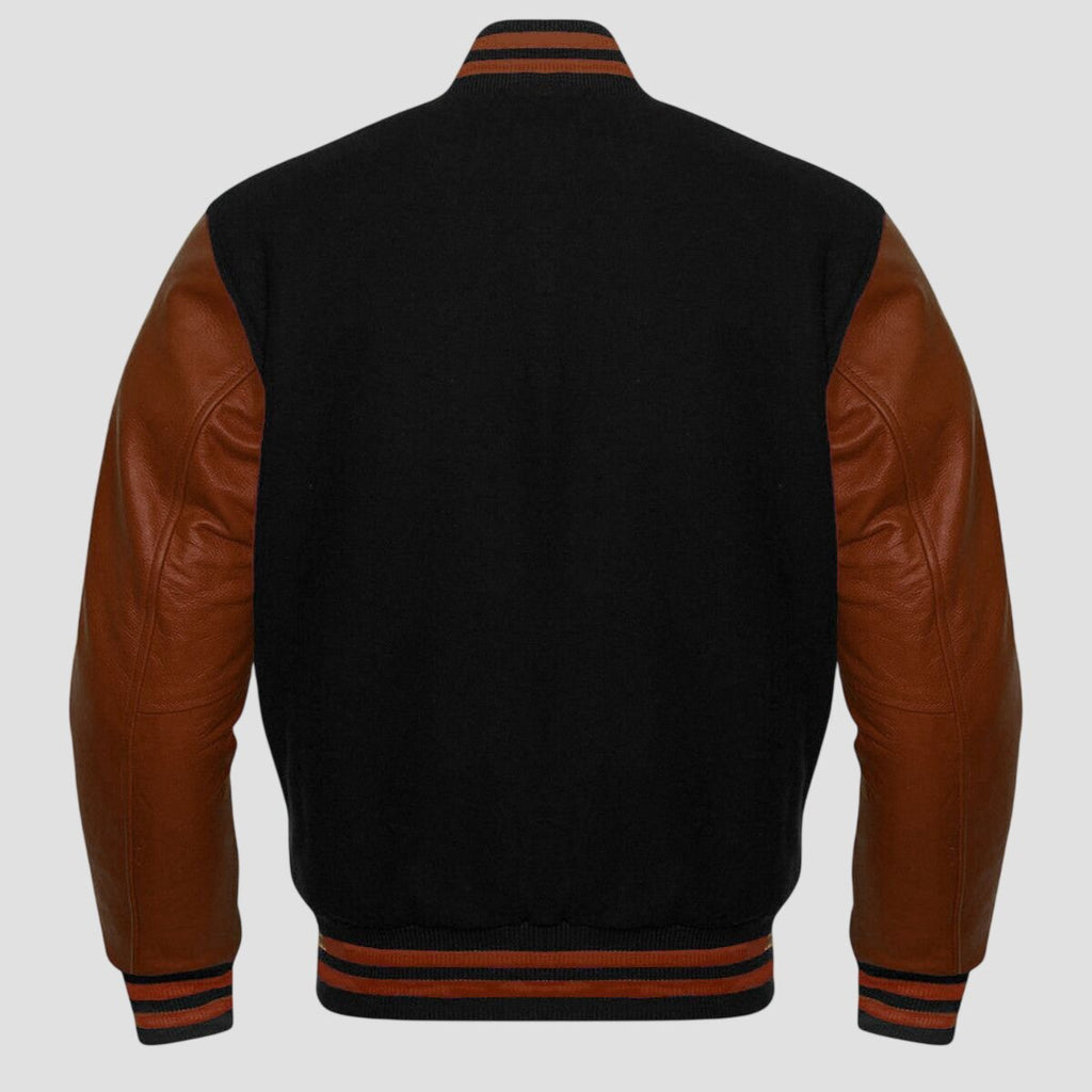 Men Black and Brown Wool Varsity Jacket with Genuine Leather Sleeves