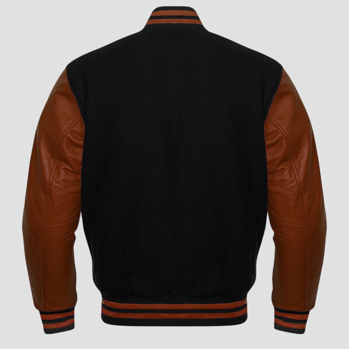 Men Black and Brown Wool Varsity Jacket with Genuine Leather Sleeves