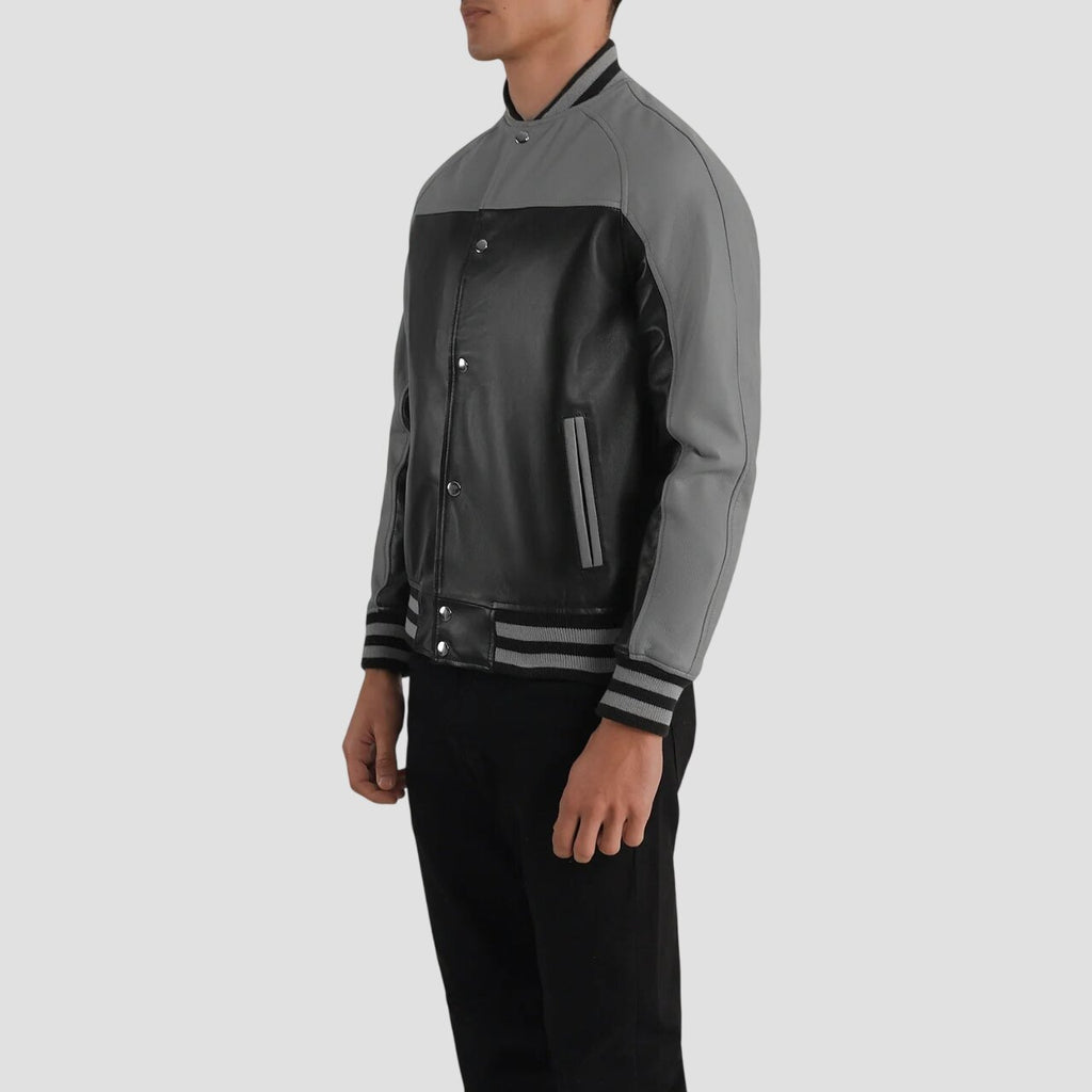 Men Black and Grey Genuine Leather Varsity Jacket