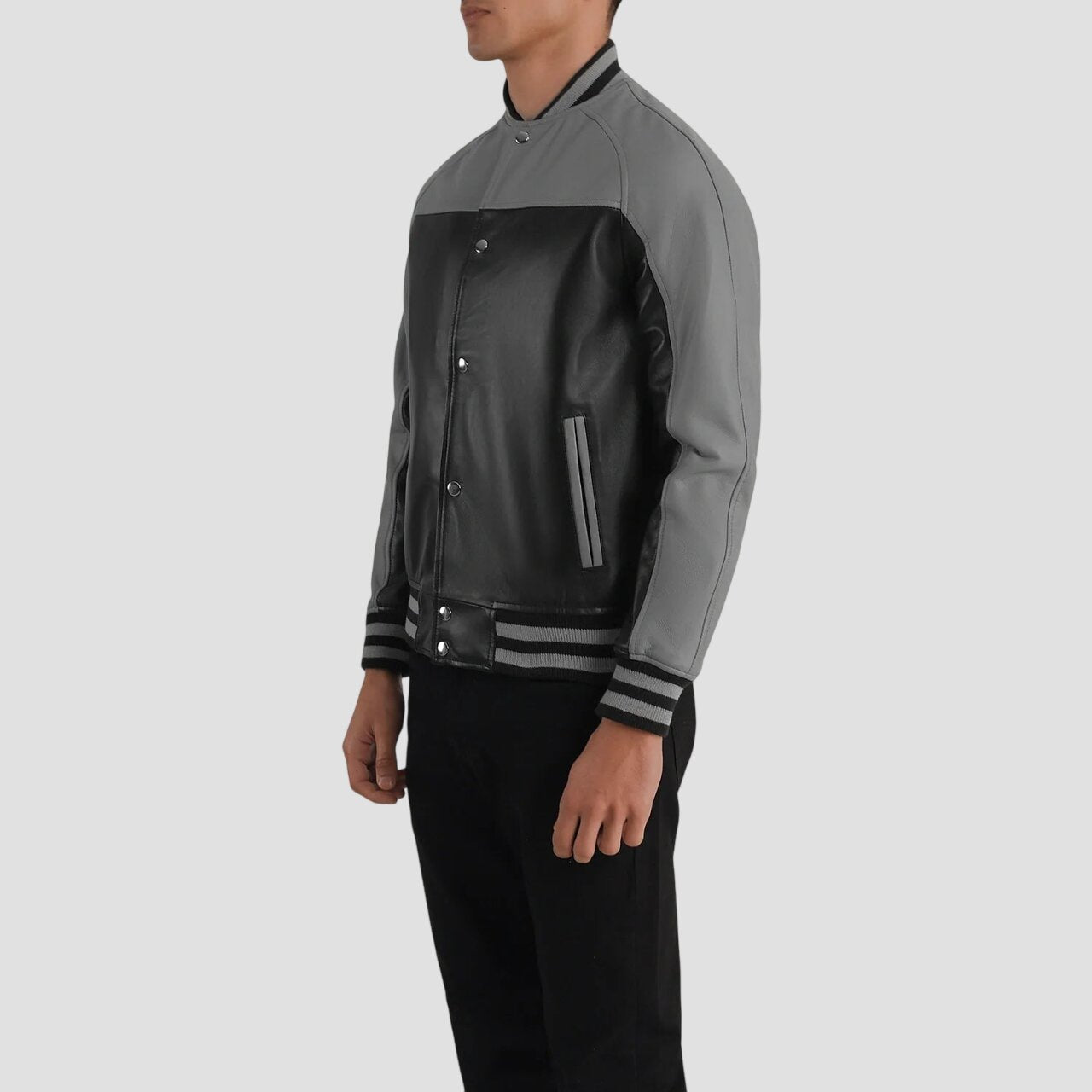 Men Black and Grey Genuine Leather Varsity Jacket