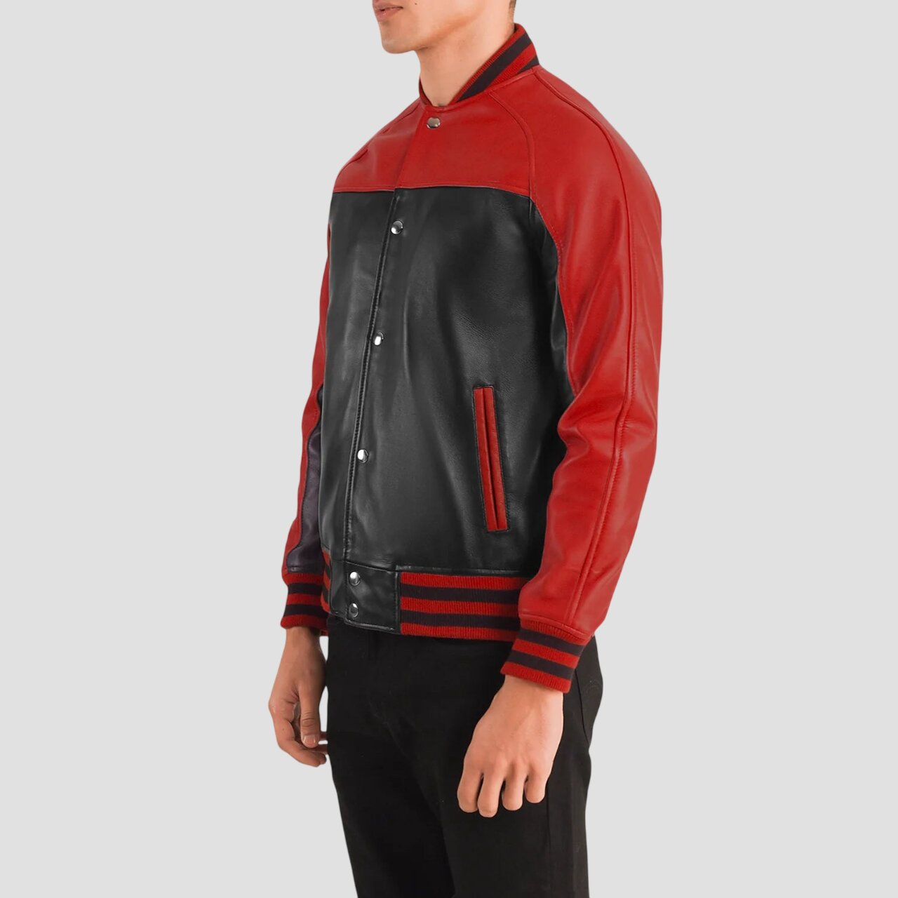 Men Black and Red Leather Varsity Jacket