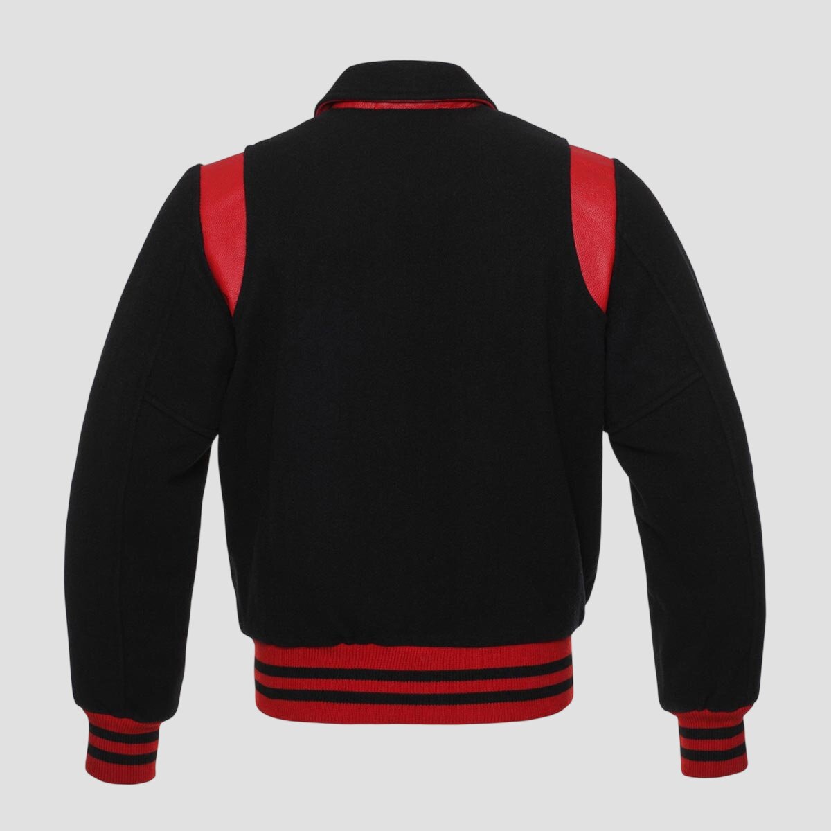 Men Black and Red Wool Baseball Varsity Jacket with Leather Trim