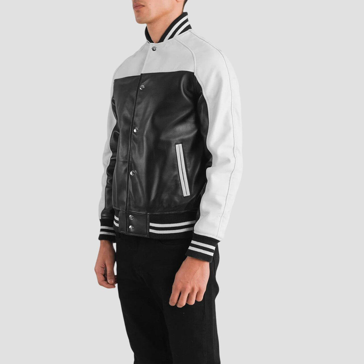 Men Black and White Genuine Leather Varsity Jacket