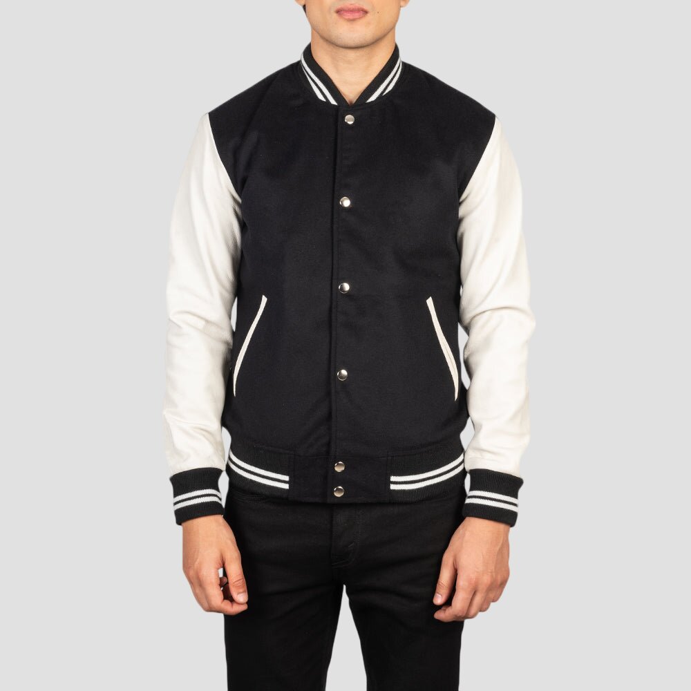 Men Black and White Hybrid Wool and Leather Varsity Jacket