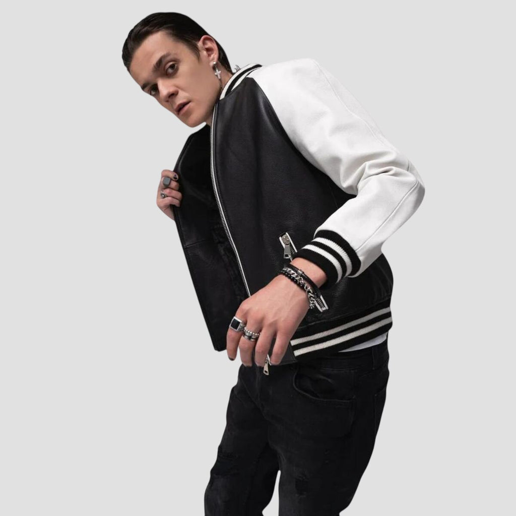 Men Black and White Premium Leather Baseball Varsity Jacket