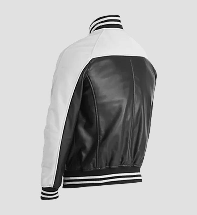 Men Black and White Real Leather Varsity Jacket