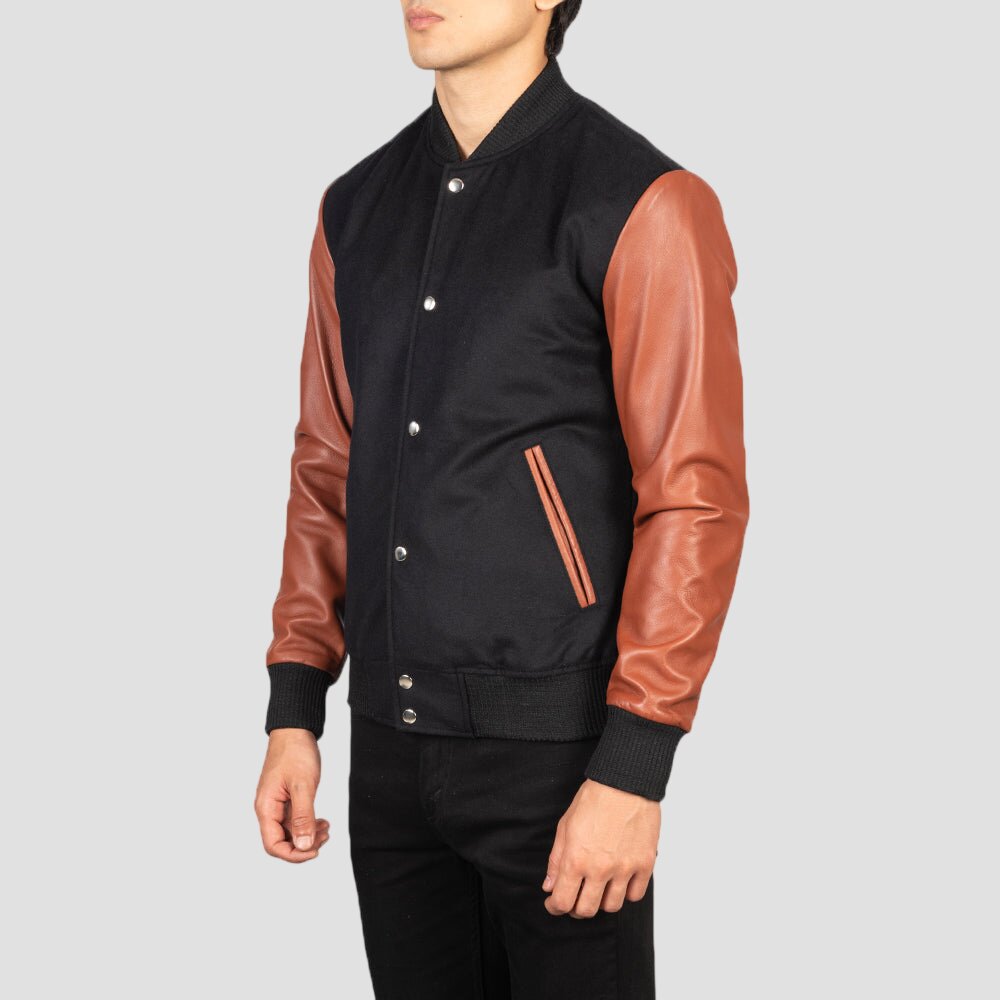 Men Brown and Black Hybrid Wool and Leather Varsity Jacket