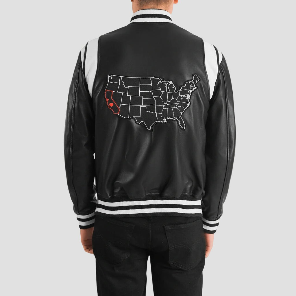 Men California Black Leather Varsity Jacket