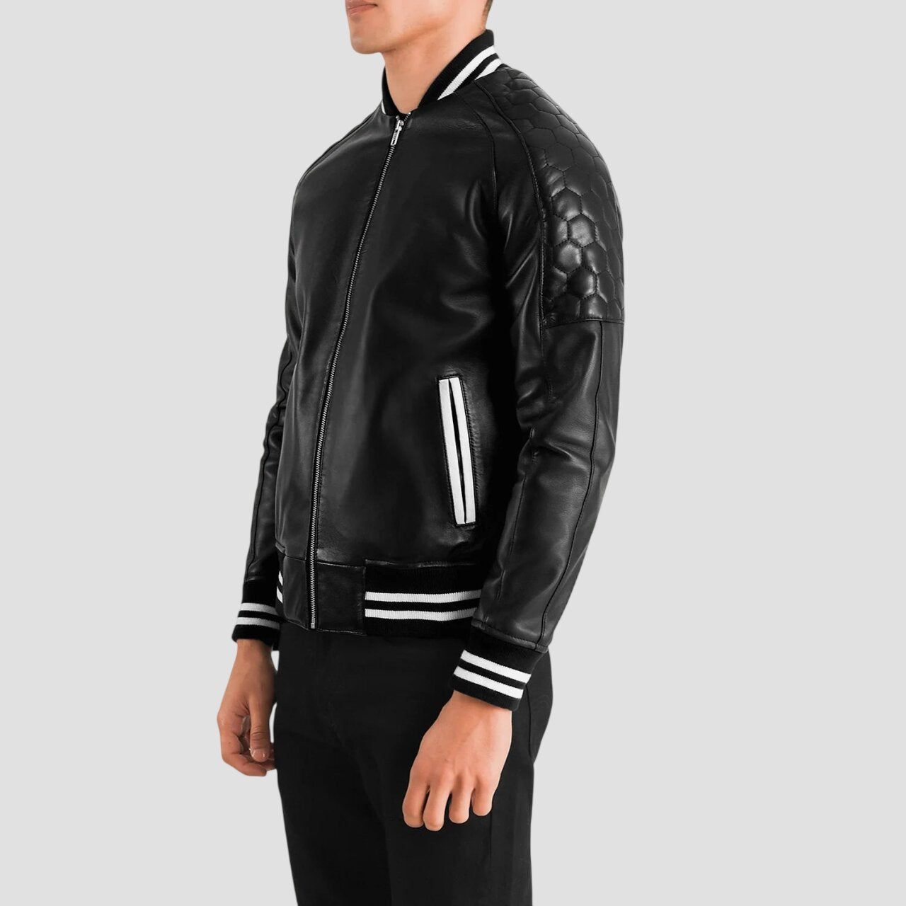 Men Classic Black Leather Varsity Jacket