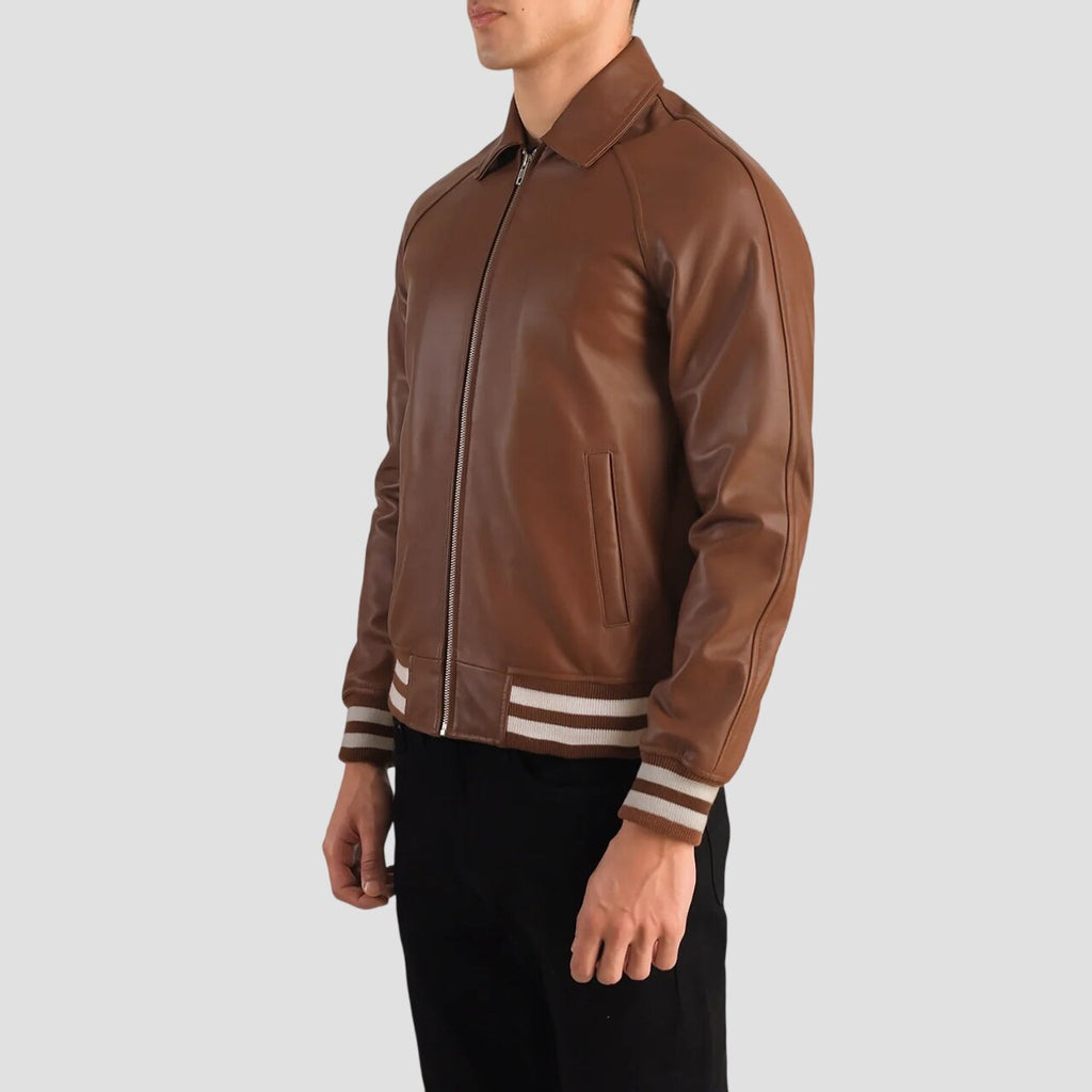 Men Dark Brown Premium Genuine Leather Varsity Jacket