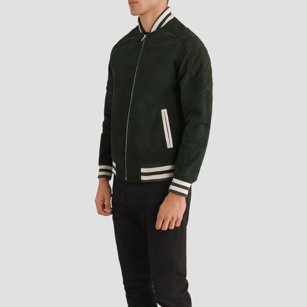 Men Green Suede Leather Varsity Jacket