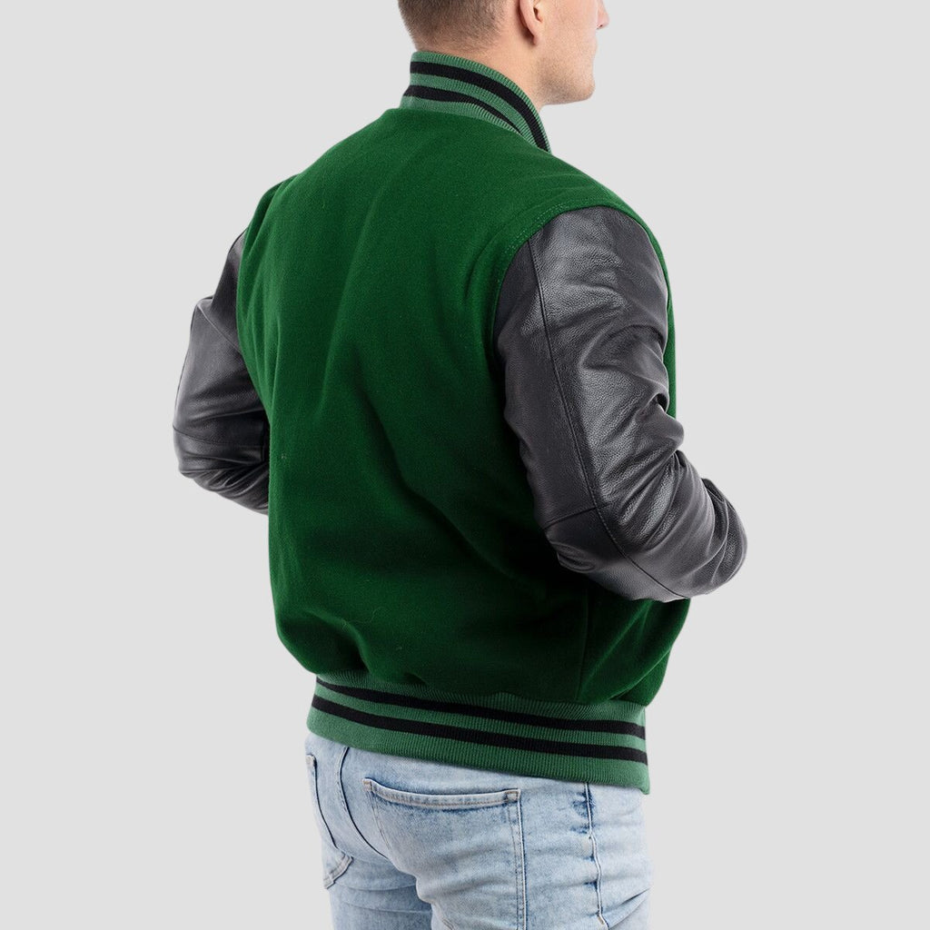 Men Green Wool and Black Leather Varsity Jacket