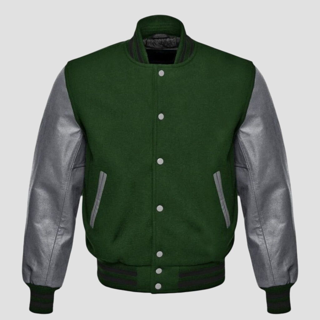 Men Green and Grey Wool with Leather Varsity Jacket