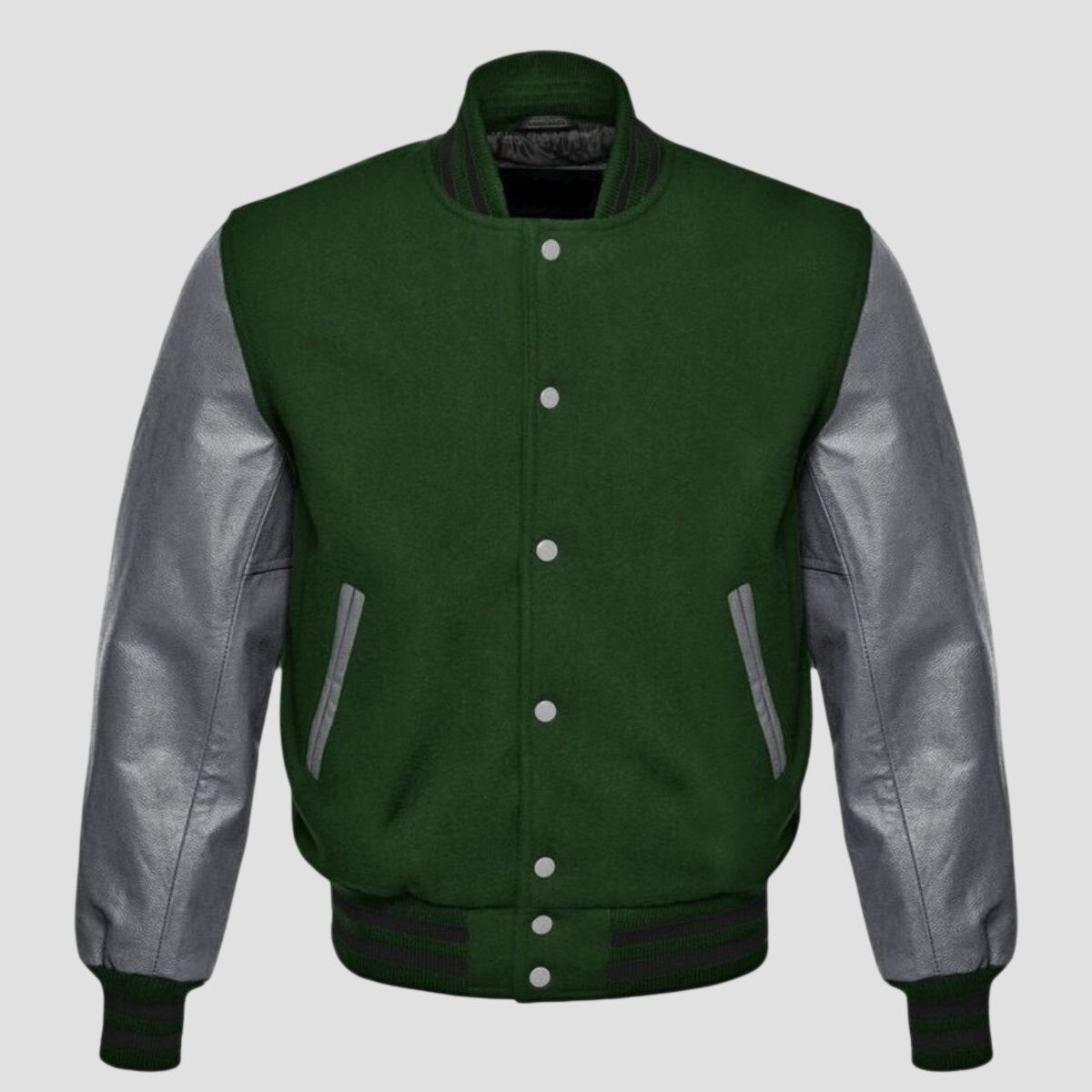 Men Green and Grey Wool with Leather Varsity Jacket