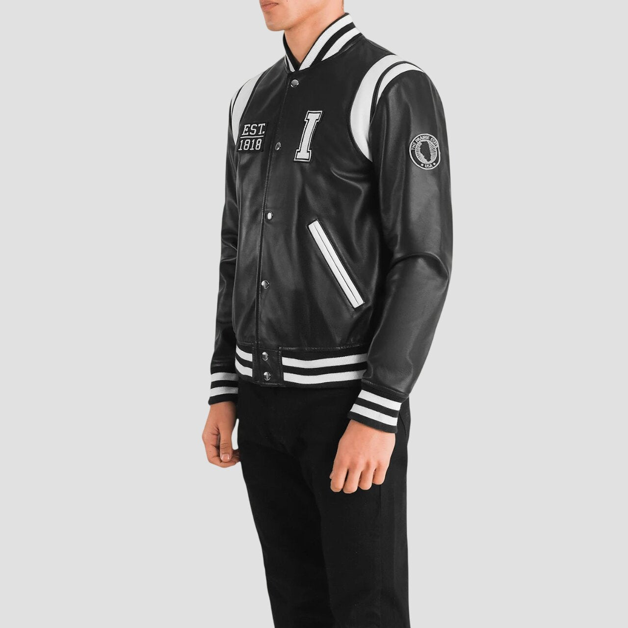 Men Illinois Black Leather Varsity Jacket