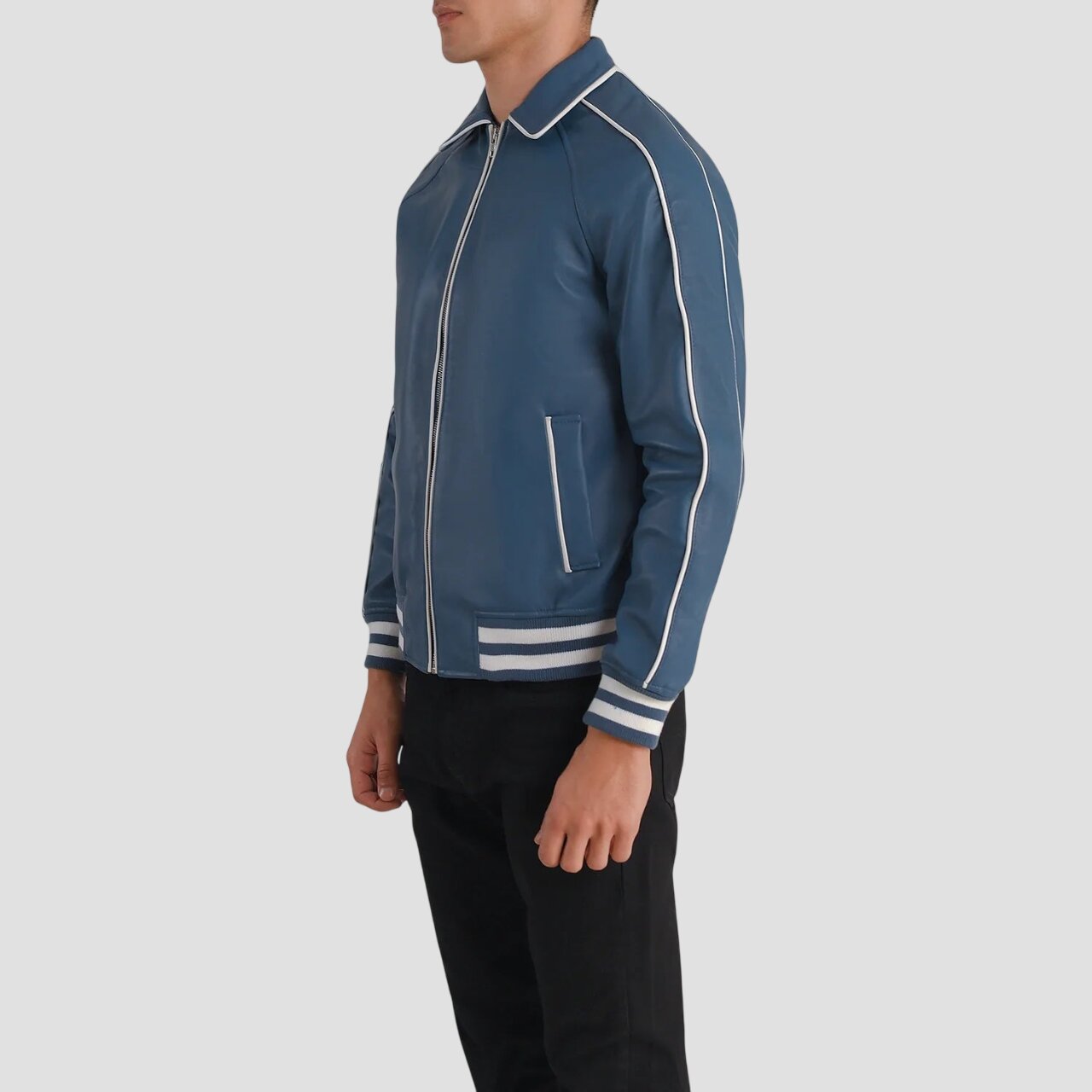 Men Light Blue Leather Varsity Jacket