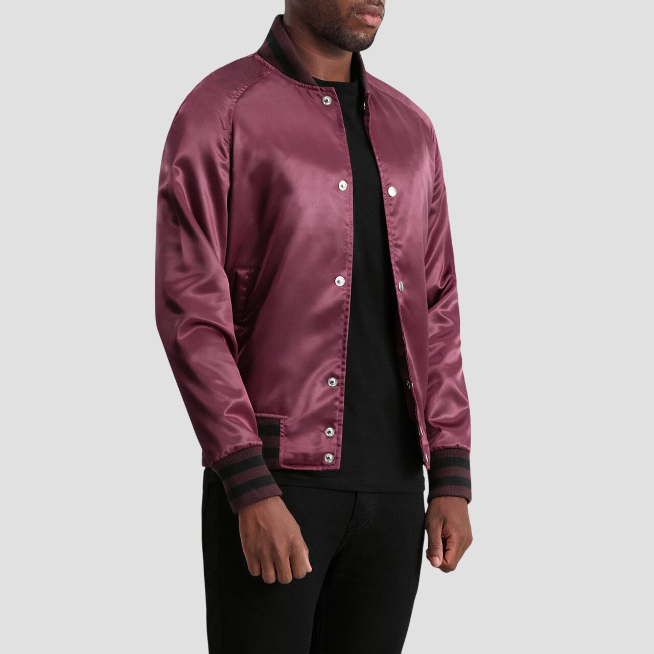 Men Maroon Satin Varsity Bomber Jacket