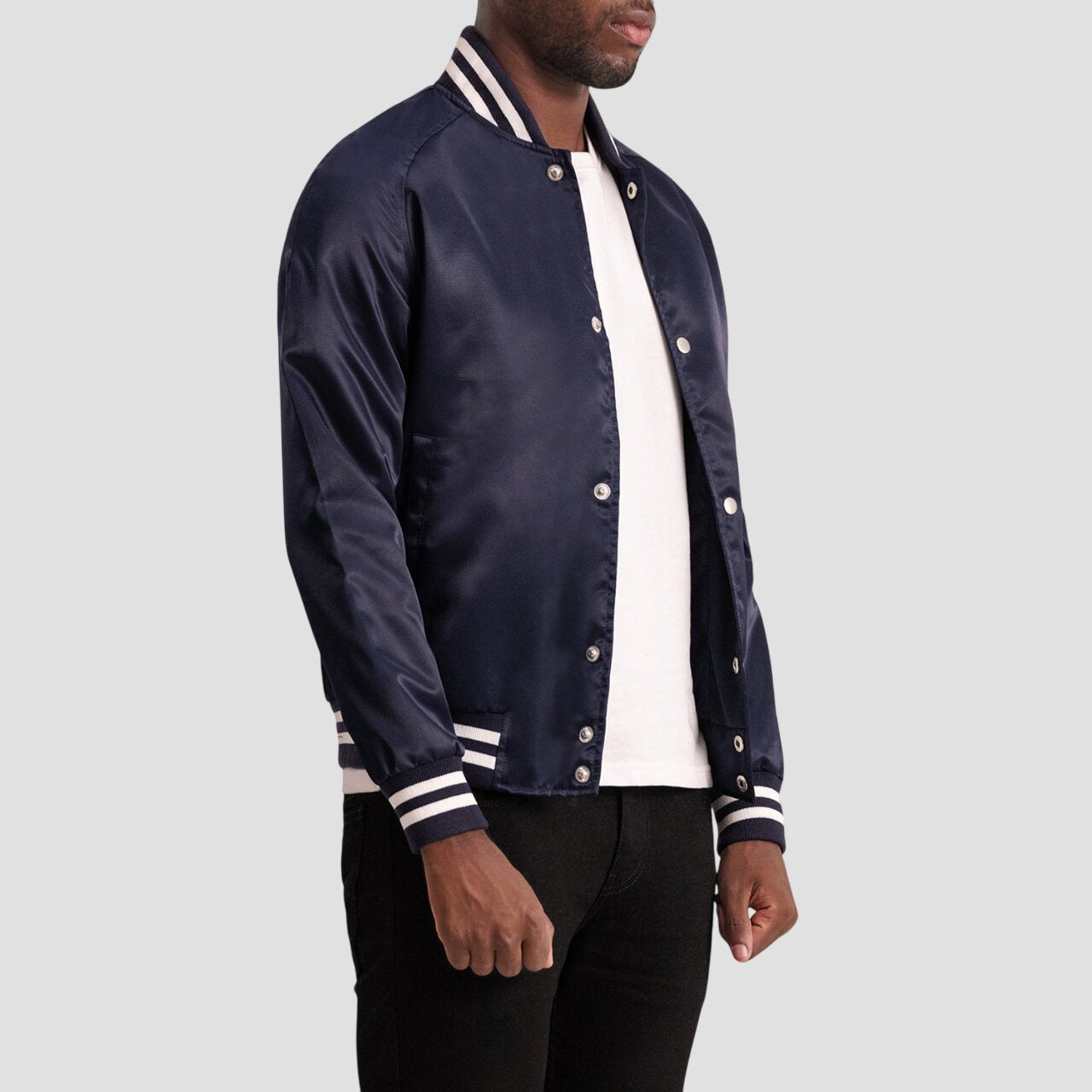 Men Navy Blue Satin Varsity Jacket