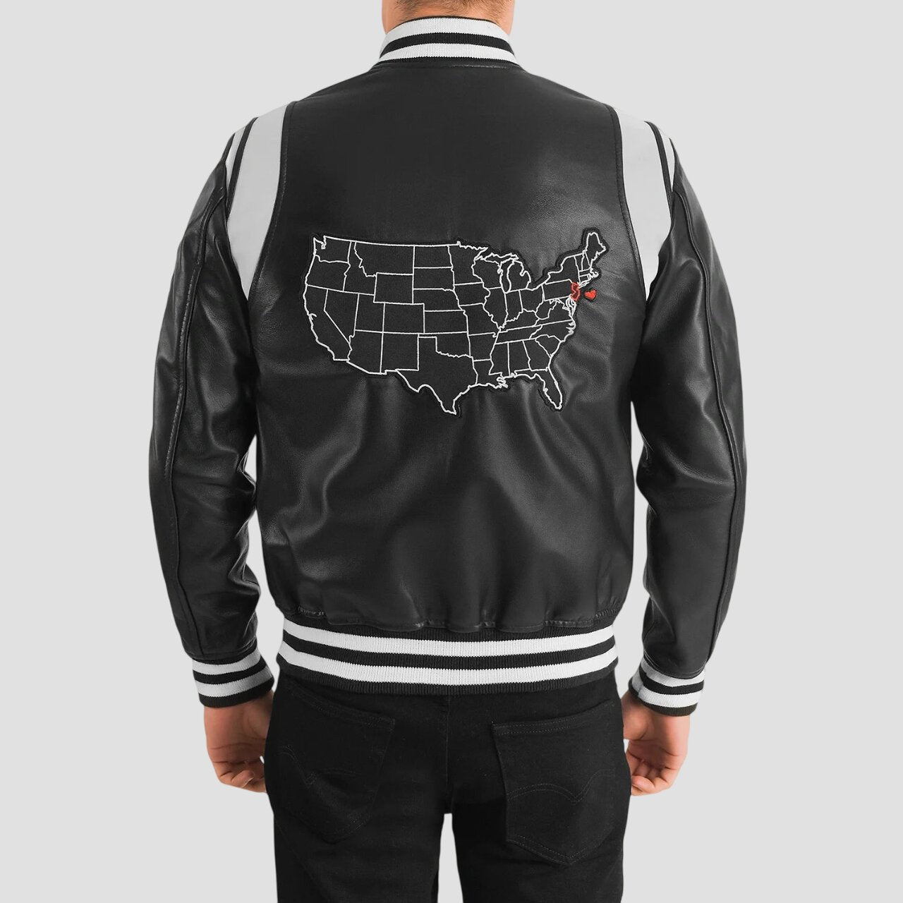 Men New Jersey Black Genuine Leather Varsity Jacket