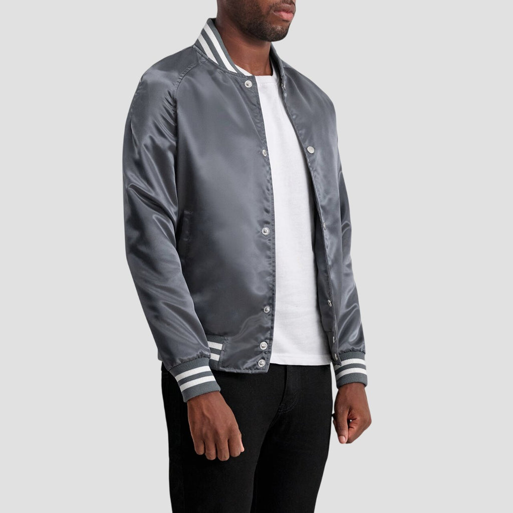 Men Premium Grey Satin Varsity Bomber Jacket