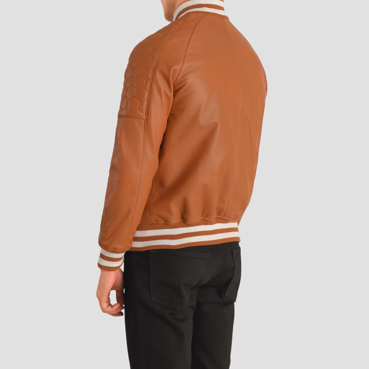 Men Tan Brown Genuine Leather Varsity Jacket