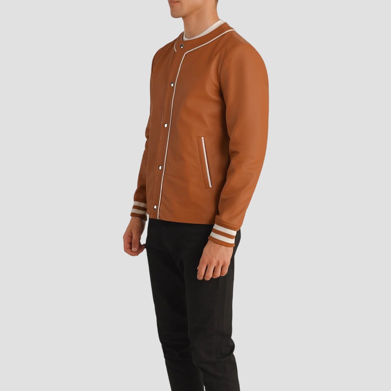 Men Tan Brown Leather Varsity Jacket