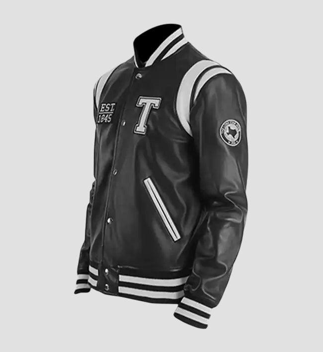 Men Texas Black Real Leather Varsity Jacket