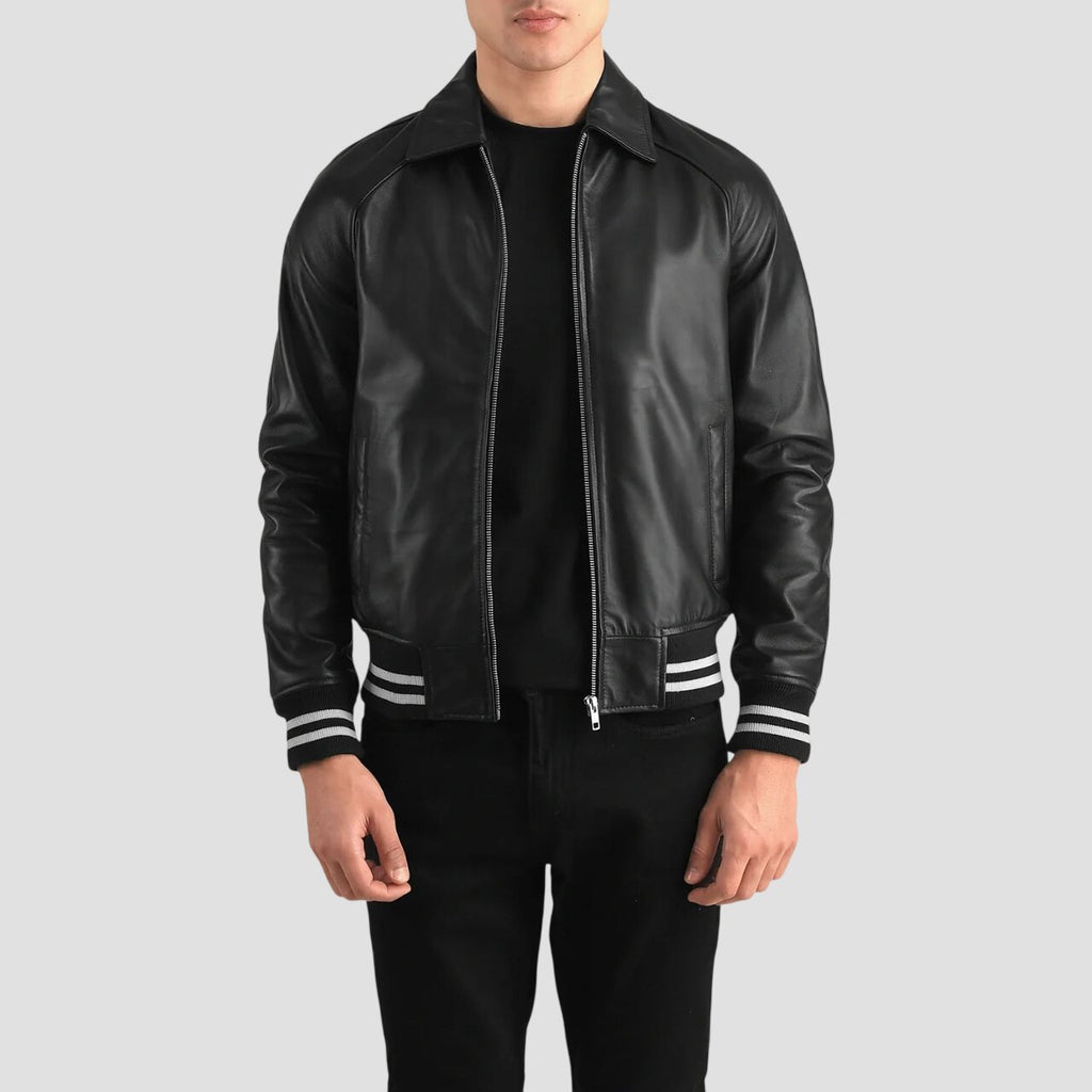 Men Timeless Black Leather Varsity Jacket