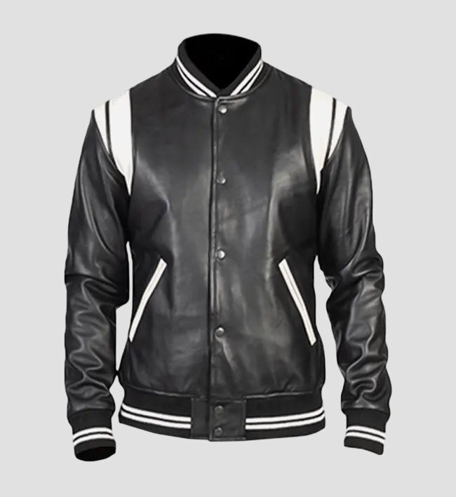 Men Trendy Black Real Leather Varsity Jacket