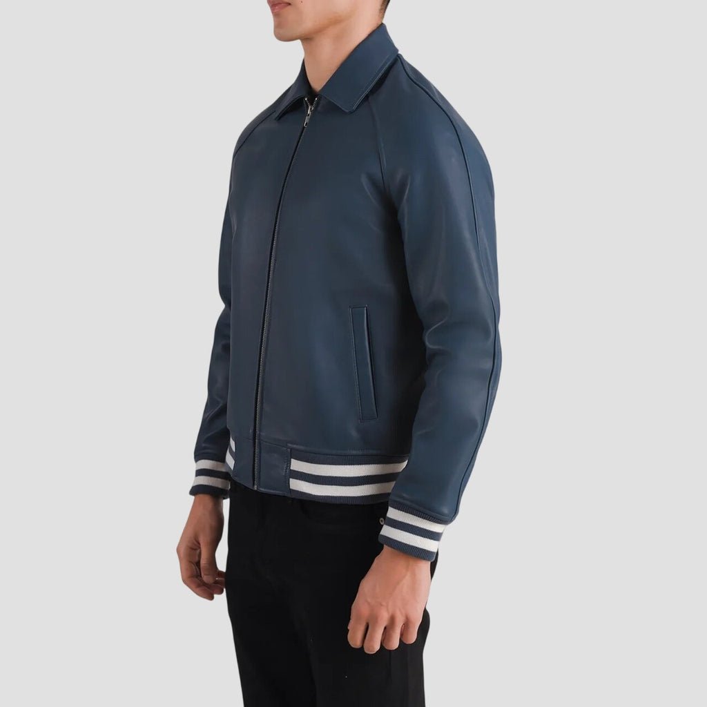Men Trendy Light Blue Leather Varsity Jacket