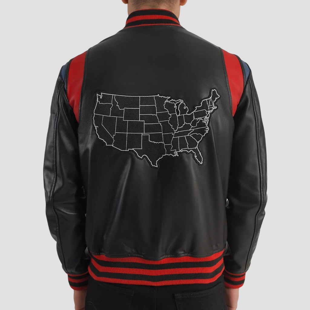 Men USA Black and Red Leather Varsity Jacket