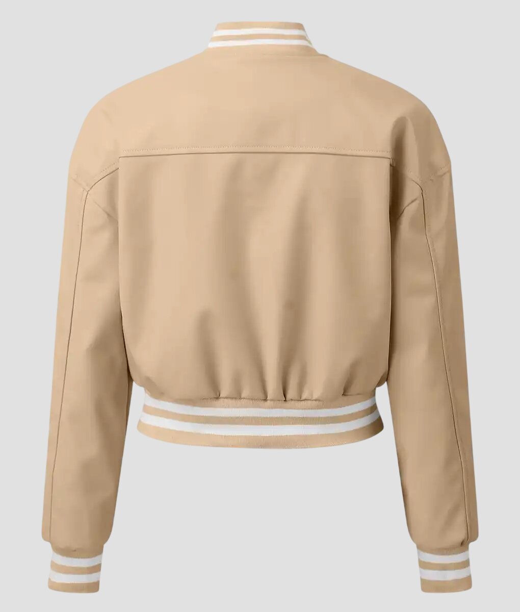 Women Beige Leather Varsity Jacket