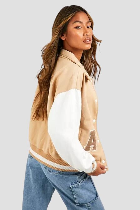 Women Beige and White Varsity Jacket