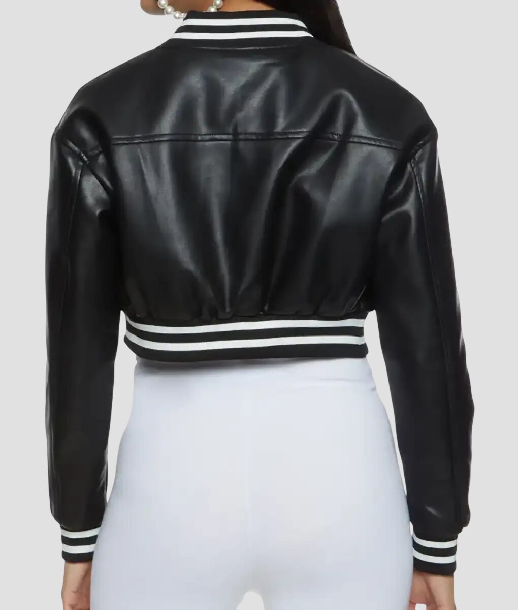 Women Black Cropped Leather Varsity Jacket