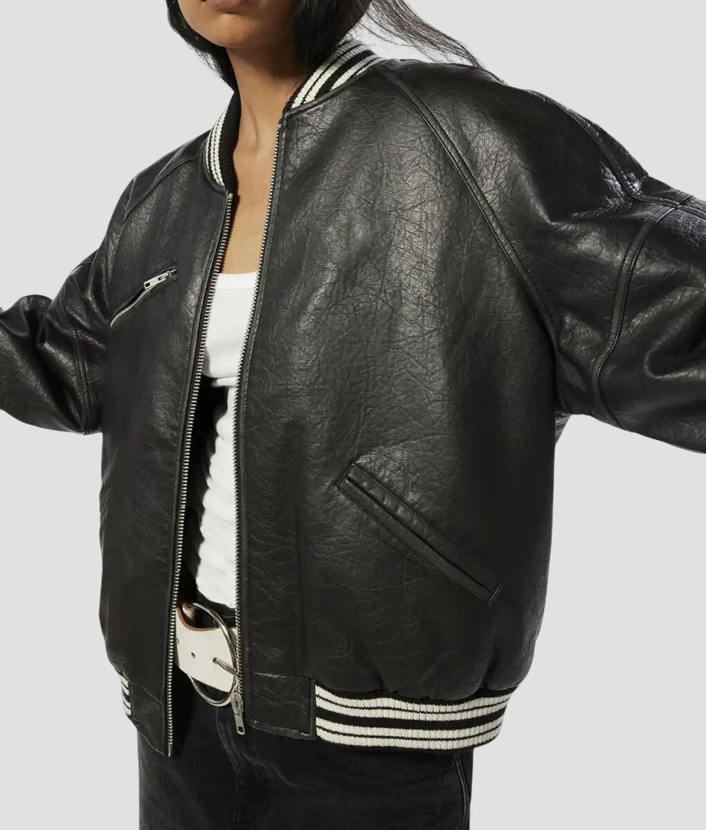 Women Black Oversized Leather Varsity Jacket