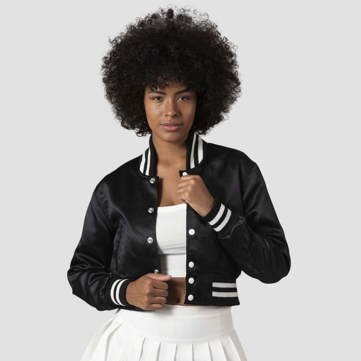 Women Black Satin Cropped Varsity Jacket