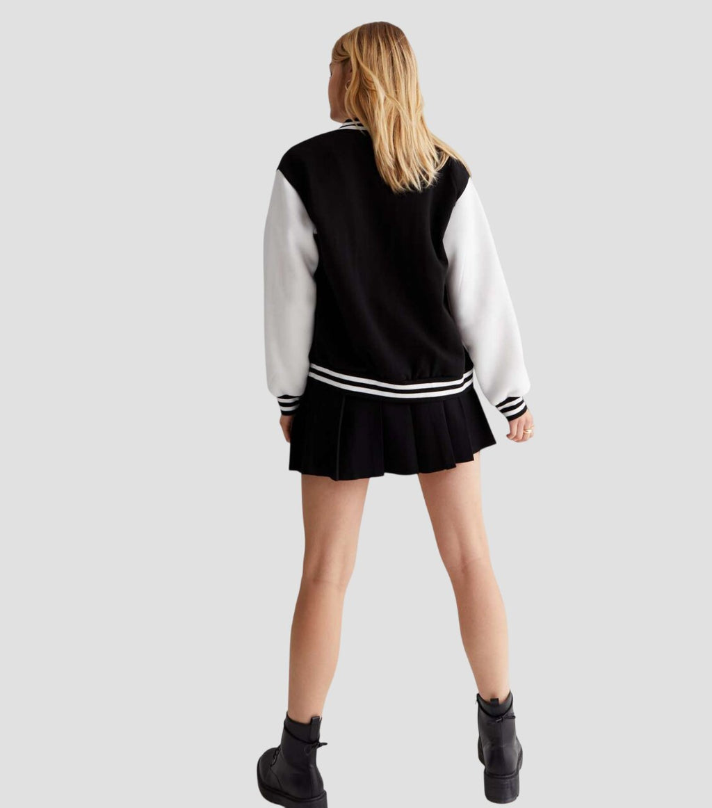 Women Black Varsity Jacket with White Leather Sleeves
