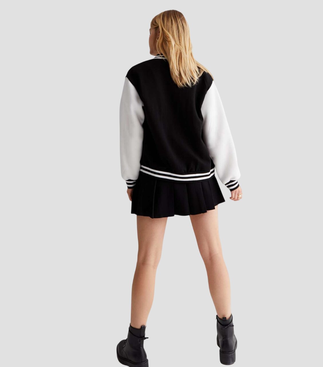 Women Black Varsity Jacket with White Leather Sleeves